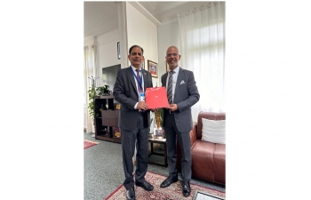 Ambassador Mridul Kumar received  Dr. Vinaya Prakash Singh, Secretary General, Asian Pacific Postal Union at his office on 29 April 2024.